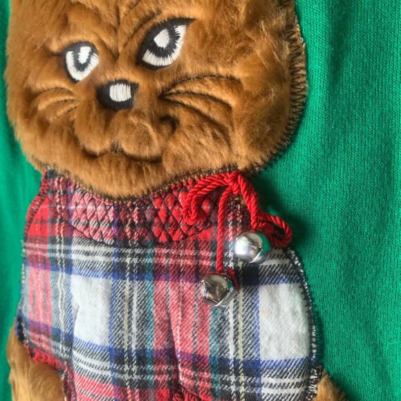 Vintage Beanzie Green Cat Nightgown Shirt Dress 1990s Fuzzy Cat Applique Bell - Picture 12 of 15